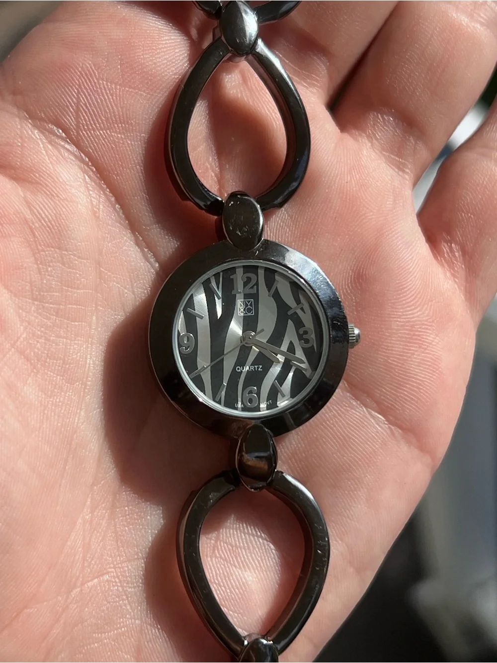 New York & Company Gunmetal Zebra Print Quartz Bracelet Watch Y2K